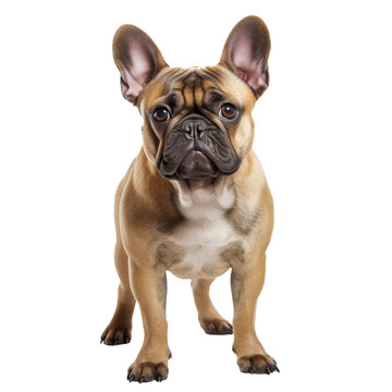 A French bulldog stands in full view, its distinctive bat-like ears and compact body prominent against a clear, transparent background.