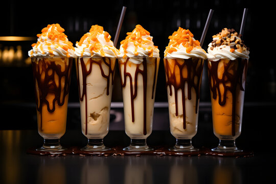 Tall milkshake glasses filled with creamy Thai tea milkshakes, topped with a generous scoop of vanilla ice cream and a drizzle of chocolate syrup, realistic photo. Ai Generated.NO.01