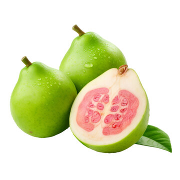 Illustration of a ripe guava fruit, depicted in its entirety, set against a clear, transparent background.