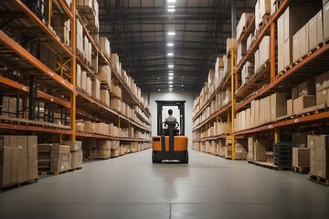 Man working on a side forklift in a large warehouse - obrazy, fototapety, plakaty