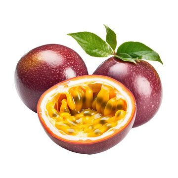 Passion fruit depicted fully on a clear background, showcasing its vibrant color and spherical shape.