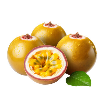 Illustration of a ripe passion fruit, complete with textured skin and rich color, showcased clearly against a see-through backdrop.