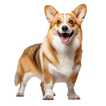 A full-body illustration of a Pembroke Welsh Corgi, depicted in a lively stance with its distinct fluffy fur texture, set against a transparent backdrop.