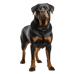Rottweiler dog depicted in full body standing side-on, showcased clearly without background distractions, ideal for overlaying on varying backdrops.