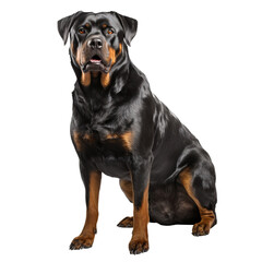 A full-bodied Rottweiler stands alert, with a glossy coat and muscular frame, depicted against a transparent backdrop, showcasing its powerful stance.