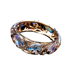 A beautiful transparent fantasy ring, intricately decorated, floats ethereally against a seamless transparent backdrop.