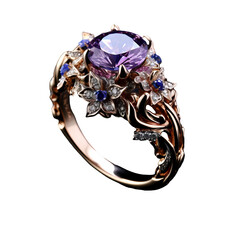 A beautiful violet fantasy ring, decorated with intricate designs, is showcased on a transparent background, highlighting its elegance.