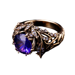 A violet fantasy ring, beautifully decorated, floats ethereally on a transparent background, exuding charm and mystique.