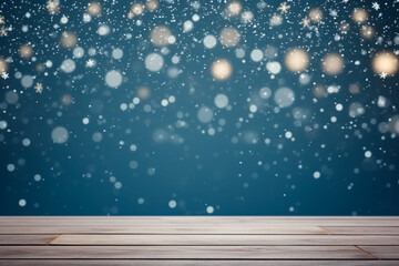 Snowy winter stage with wooden flooring, Christmas lights on a blue backdrop. Banner format, bright image, and ample copy space. 