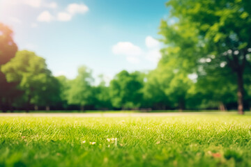 Blurred spring nature: Trimmed lawn, trees, and blue sky with clouds. Bright and sunny ambiance. Bright image. 
