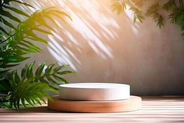 Distinctive product presentation backdrop: Marble pedestal, green twigs on wood base, tropical leaf shadows on wall, blending nature and elegance. Bright image. 