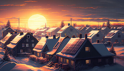 Stromkosten senken im Winter winterlandschaft mit Wohngebiet voller solardächer mit Photovoltaikanlagen regenerativ Geld sparen grün denken Generative AI  - obrazy, fototapety, plakaty