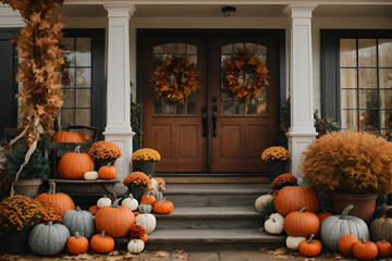 Cozy cottage with fall decorations, pumpkins on the porch and a wreath 4 