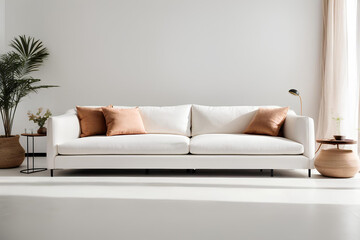 All-white environment with white sofa and plants, cozy, elegant, clean - 1 - obrazy, fototapety, plakaty