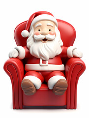 Whimsical 3D Cartoon Santa Claus Sitting on Red Chair Against Isolated White Background - Perfect for Seasonal Greetings and Playful Holiday Designs