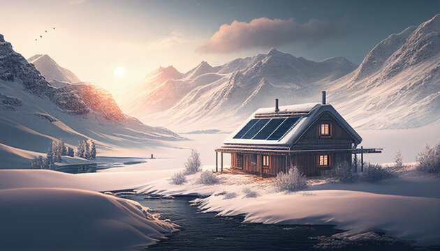 Winterlandschaft mit Gebirge Schnee einer Hütte mit Solarpanels Generative AI 
