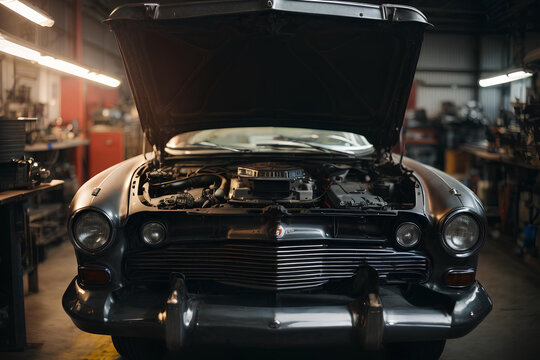 A car with an open hood, in a workshop, in a cinematic scene