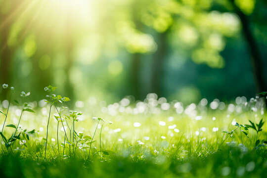 Blurred green trees in a forest or park with wild grass and sunlight. Scenic summer-spring natural background.

