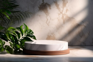 Distinctive product presentation backdrop: Marble pedestal, green twigs on wood base, tropical leaf shadows on wall, blending nature and elegance. Bright image. 
