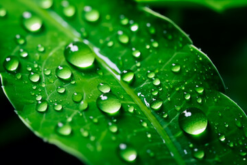 Morning dew glistens on a green leaf in nature, captured in macro.Sparkling water droplets illuminated by sunlight. Bright image. 