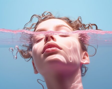 Close up underwater portrait of a woman with closed eyes.
