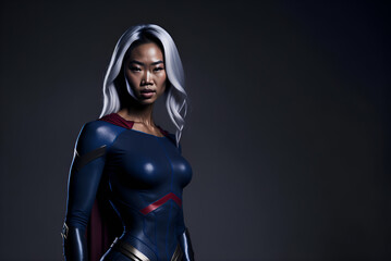 Fototapeta na wymiar Asian woman in superhero costume. Young beautiful asiatic girl in superheroine suit