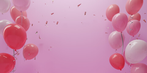 Birthday party balloons with confetti in the copy space background, 3d rendering