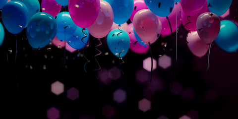 Birthday party balloons with confetti in the copy space background, 3d rendering