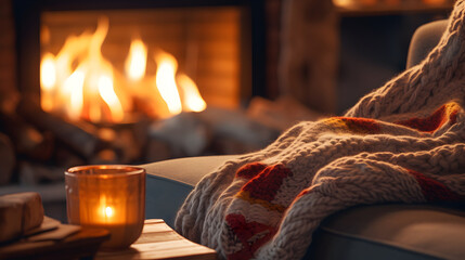 Close-up of a cozy winter scarf or blanket and modern living room with fireplace, focusing on the intricate details. 