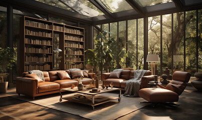 Fototapeta premium A living room of a modern house in the woods, bookshelves, glass wall - Generative AI