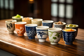 Small ceramic cups showcasing a flight of different types of sake, with varying colors and levels of clarity, accompanied by traditional Japanese snacks, realistic photo. Ai Generated.NO.02