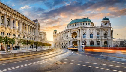 Stickers pour porte Milan Wiener Ringstrasse with Burgtheater and tram at sunrise, Vienna, Austria