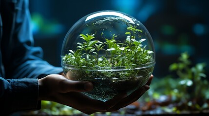 Close up of human hand holding glass florarium with green plants - obrazy, fototapety, plakaty