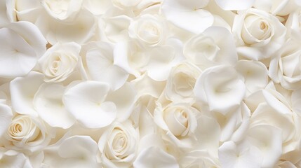 Beautiful white rose petals as background, top view