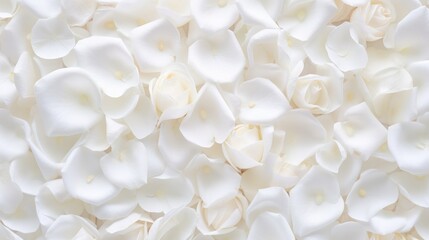 Beautiful white rose petals as background, top view
