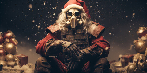 Post-apocalyptic Christmas, Santa Claus with gas mask, wide banner, nuclear destruction