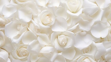 Beautiful white rose petals as background, top view