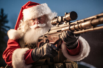 Santa Claus with a rifle, Christmas - obrazy, fototapety, plakaty