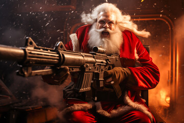 Santa Claus firing a rifle, action shot, Christmas season, humor - obrazy, fototapety, plakaty