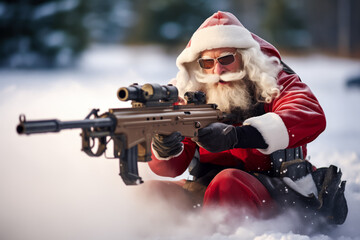 Santa Claus with a rifle outdoors in the snow, Christmas, sniper - obrazy, fototapety, plakaty