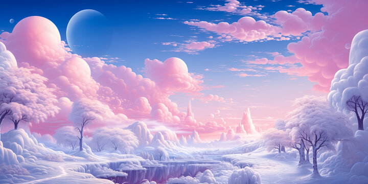 Winter white snow science fiction fantasy landscape painting,  fluffy trees and clouds, river, banner, background