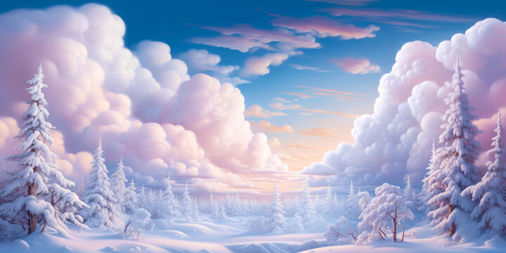 Winter white snow fantasy landscape, forest trees, puffy clouds, banner, background