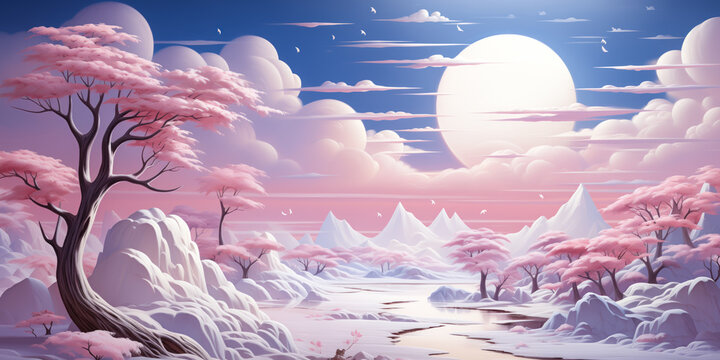 Winter white snow stylized fantasy landscape painting, pink trees, night, moon, banner, background