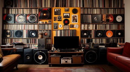 A library with a wall of vinyl records and a turntable for listening to music. - obrazy, fototapety, plakaty