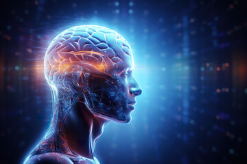 Human head and brain. Futuristic technology background. 