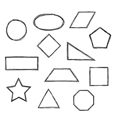 Handdrawn doodle scribble shapes circle, ellipse, parallelogram, polygonal, rectangle, rhombus, right triangle, square, star, trapezoid, triangle. It is vector and editable.