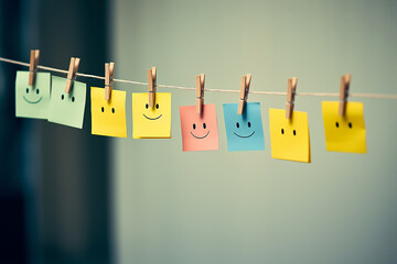 Positive attitude concept, hand drawn colorful sticky note emojis hanging on a string. happy emojis - obrazy, fototapety, plakaty