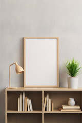 Wood Frame Poster Frame Mockup in Natural Modern Living Room Shelf, Full of Plants, Decor and Decorations, Generative AI