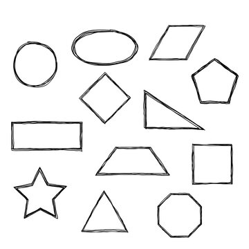 Handdrawn doodle scribble shapes circle, ellipse, parallelogram, polygonal, rectangle, rhombus, right triangle, square, star, trapezoid, triangle. It is vector and editable.