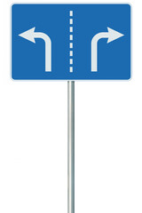 Appropriate traffic lanes for different manoeuvres at a junction ahead road sign, isolated blue rectangular signpost, white arrows and signboard frame, divorce and life crisis concept metaphor